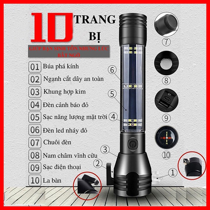 Đèn Pin Tự Vệ Cầm Tay Đa Năng Có Búa Phá Kính, Dao Cắt Dây, La Bàn, Đèn Pin Đi Phượt Sạc Năng Lượng Mặt Trời