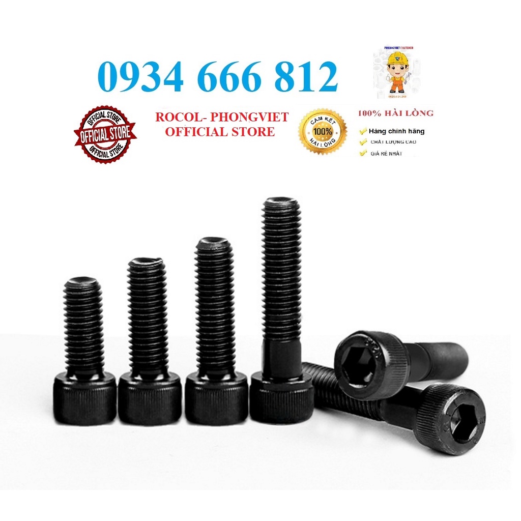 Set 5 cái M12 Bulong lục giác chìm đầu trụ cấp bền 12.9 M12, M12x16, M12x20, M12x25, ....., M12x150