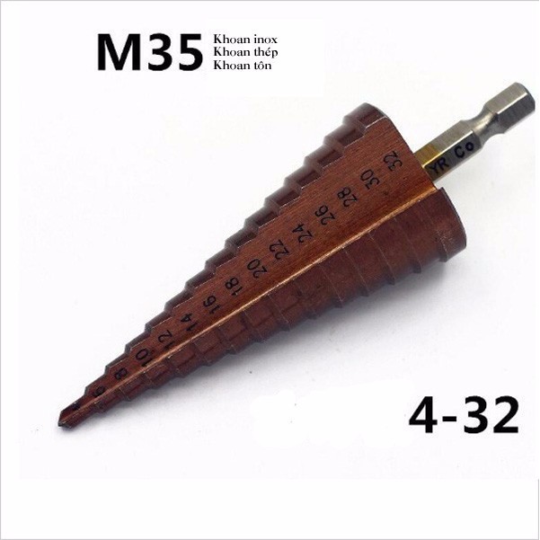 Mũi khoan tháp HSS thẳng mạ coban 4-32mm - Loại chân lục