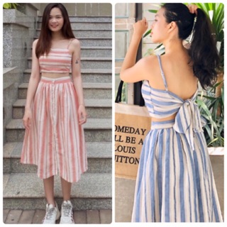 Set áo crop nơ lưng chân váy sọc