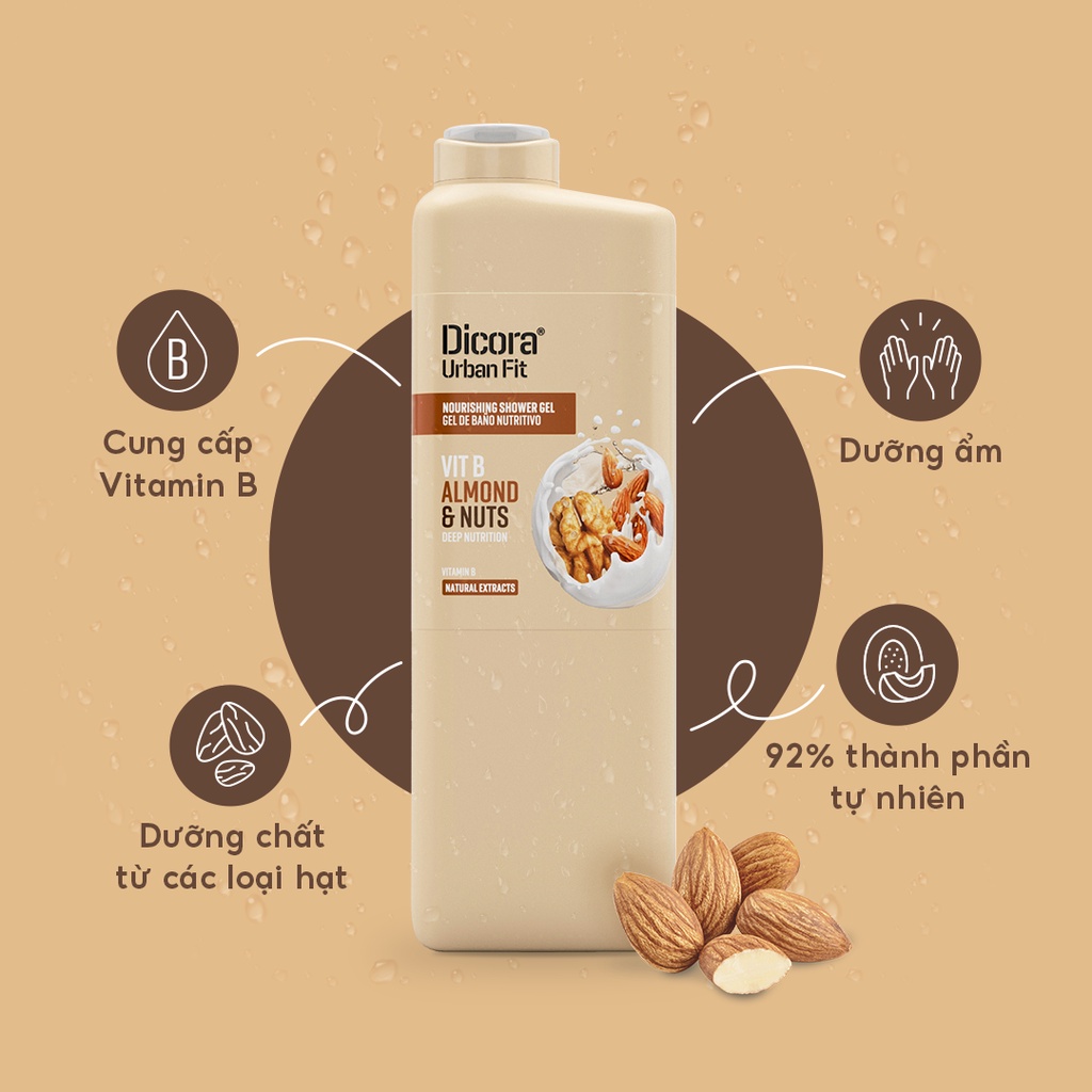 Sữa tắm Dicora Urban Fit Almonds & Nuts Vitamin B Hạnh Nhân & Các Loại Hạt 750ml - BioTopcare Official