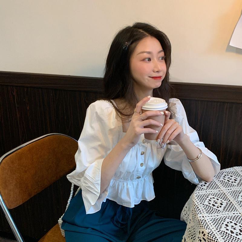 Áo sơ mi tay dài cổ vuông dáng ôm phong cách Pháp thời trang cho nữ | BigBuy360 - bigbuy360.vn