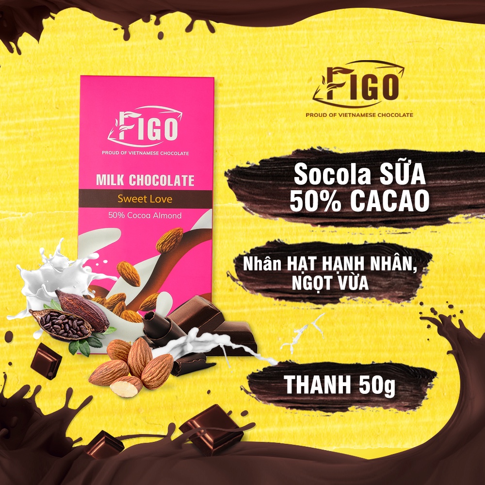 ( Chocolate thanh )Kẹo socola thanh 50g vị sữa nhân hạt hạnh nhân cân Figo, đồ ăn vặt nội địa cho bé, healthy