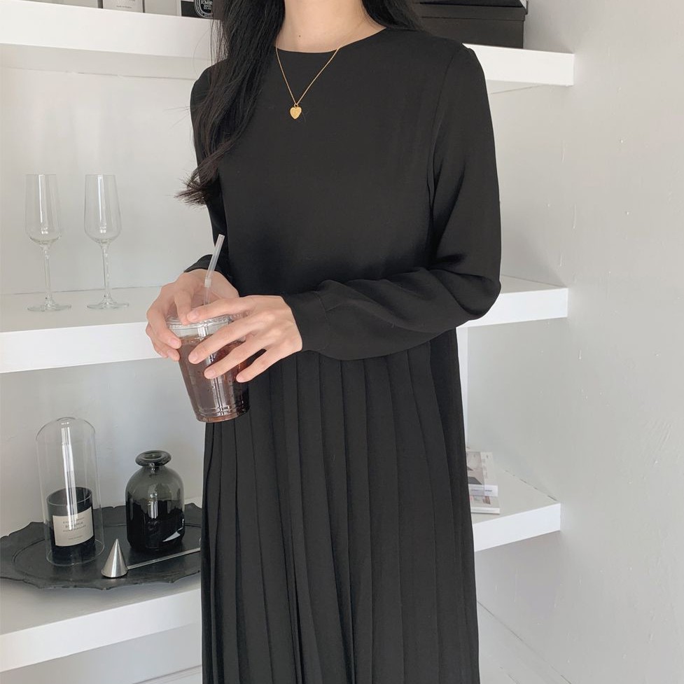 Đầm midi màu trơn cổ tròn dài tay dễ thương 32352 | BigBuy360 - bigbuy360.vn