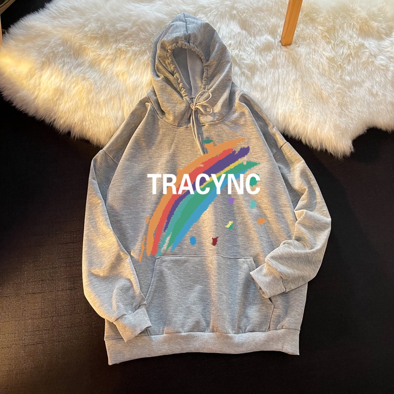 Áo hoodie dáng rộng in hình cầu vồng size M-5XL