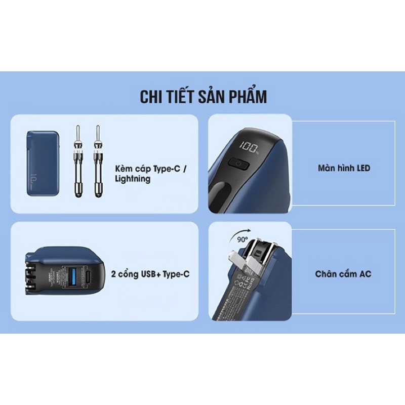 Sạc dự phòng kiêm củ sạc đa năng 22.5W PD 20W 10000mah Remax RPP-278