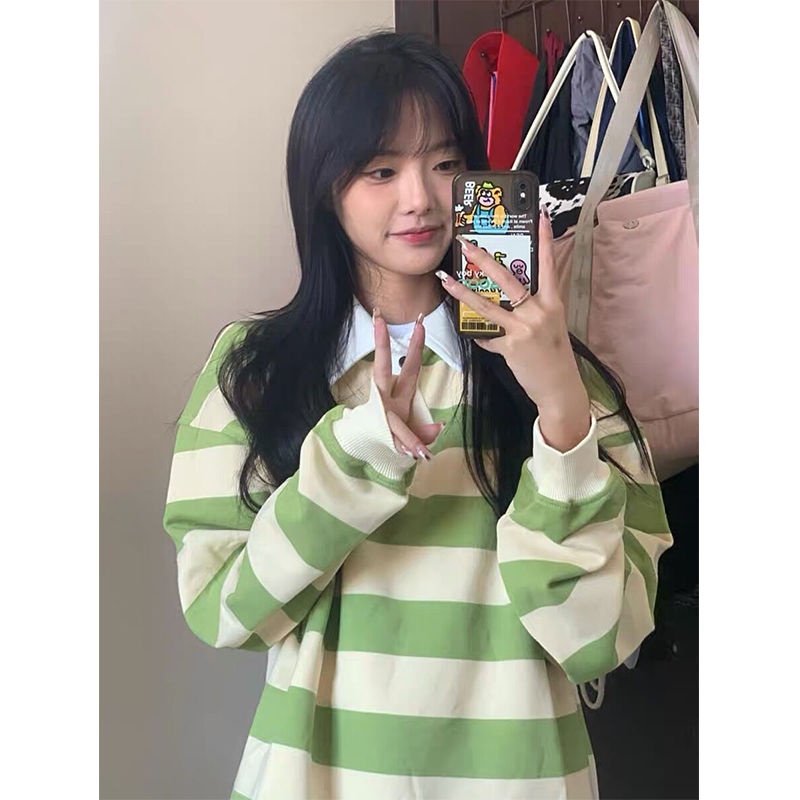 Áo Thun Sweater Mỏng Tay Dài Cổ Polo Dáng Rộng Kẻ Sọc Xinh Xắn Cho Nữ