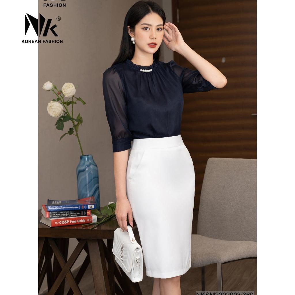 Áo Sơ Mi Tay Lỡ Công Sở Nữ NK Fashion Cổ Đính Ngọc Điệu Đà, Vải Nhập Hàn Cao Cấp Mềm Mại NKSM2202003
