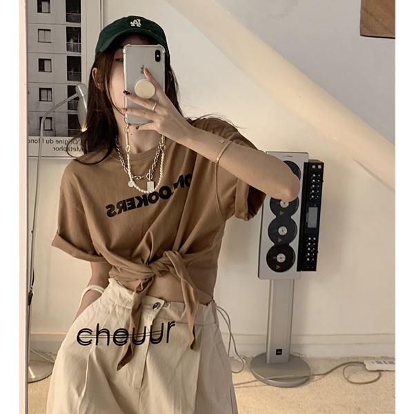 QKOOLE  Áo Thun crop top Nữ Cổ Tròn In Hình Phong Cách Hàn Quốc