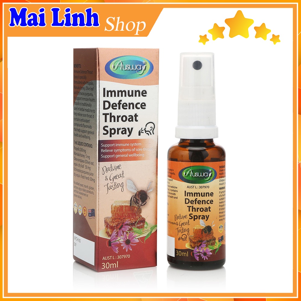 Xịt Họng Keo Ong Sát Khuẩn Hầu Họng Thơm Miệng Ausway Immune Defence Throat Spray Chai 30ml