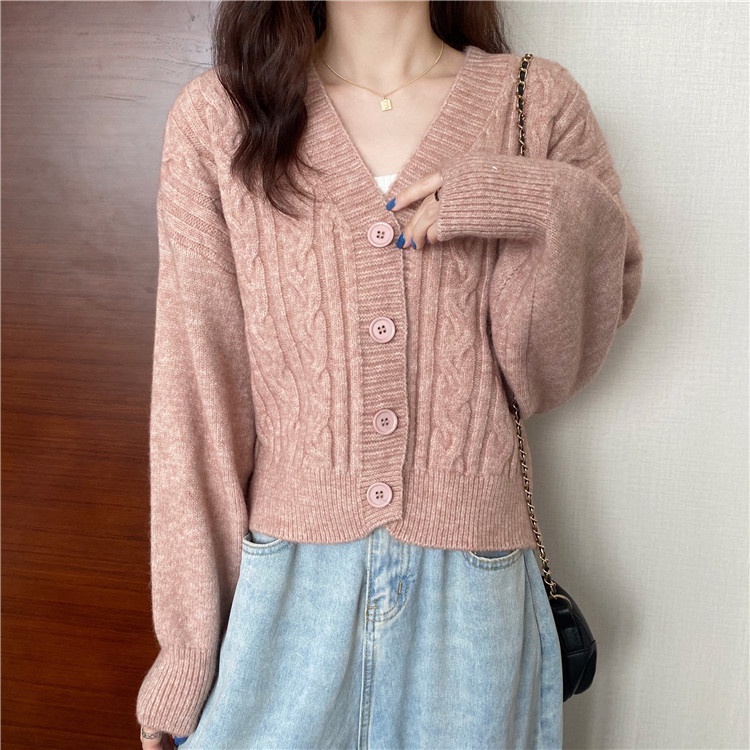 Cardigan len Áo len khoác dài tay nữ dệt kim cổ V FIRST DATE mềm mại cá tính retro Hàn Quốc