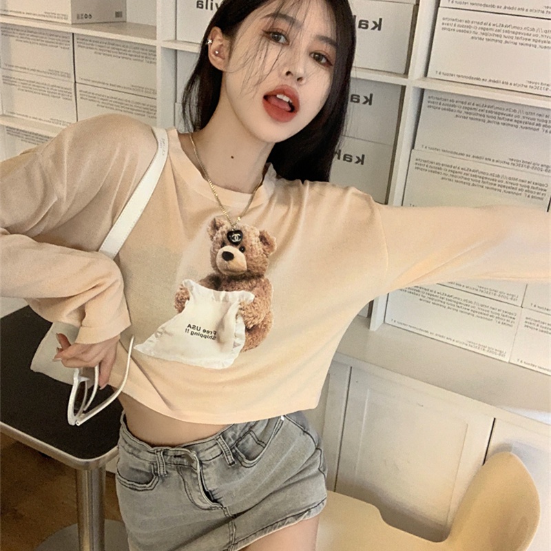 Áo Thun Dệt Kim Tay Dài Dáng Rộng In Họa Tiết Hoạt Hình Xinh Xắn