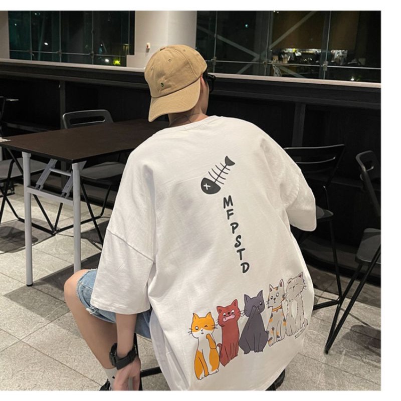 Áo Tay Lỡ Form Unisex In Hình Chú Mèo , Áo Thun Phông Rộng Nam Nữ