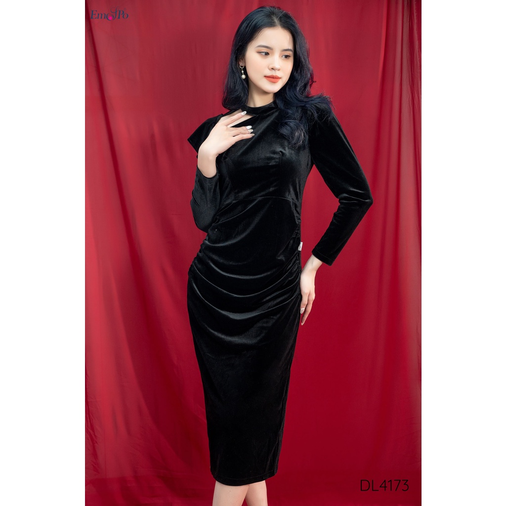 Đầm nhung, cổ hở, tay bồng, rúm eo Emspo DL4173