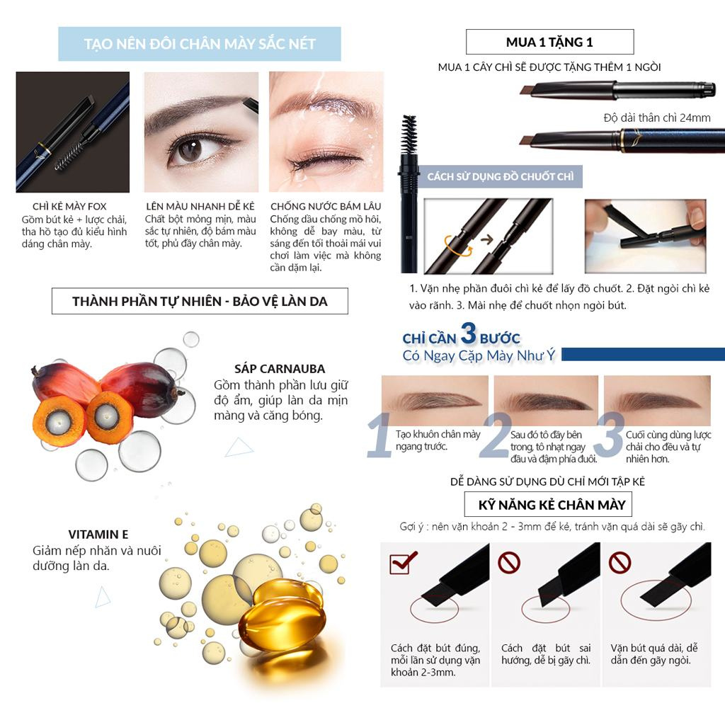 [Tặng kèm ngòi] Chì Kẻ Mày Đầu Tam Giác F.O.X Triangular Eyebrow With Mascara Brush 0.25g | BigBuy360 - bigbuy360.vn