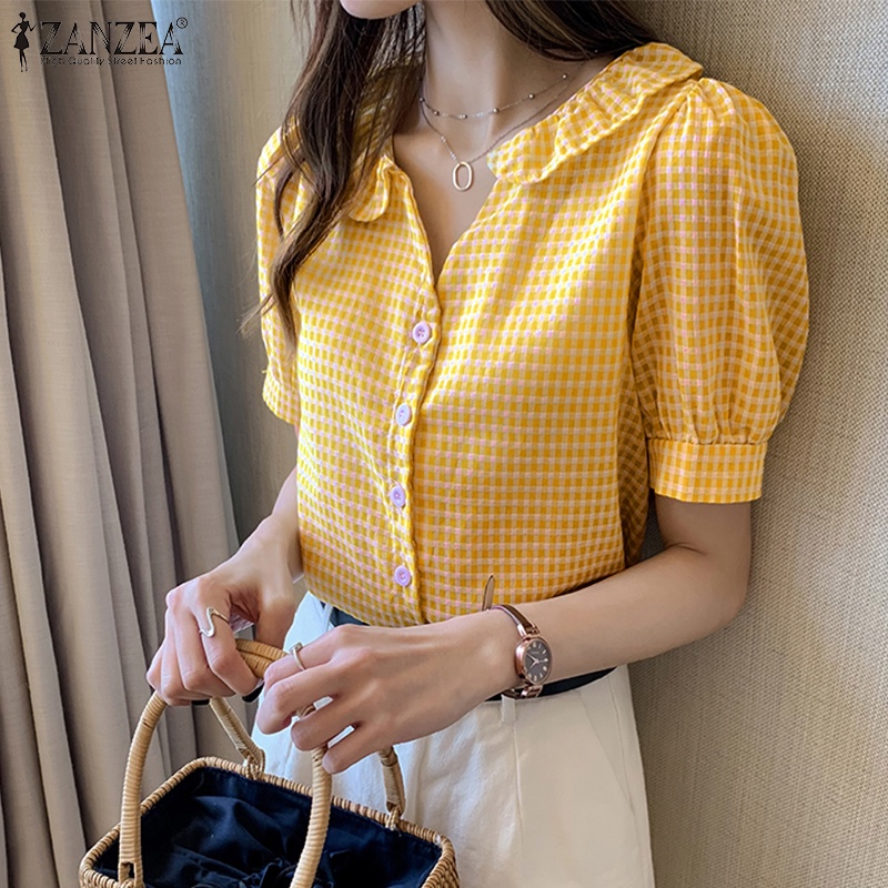 ZANZEA Áo Sơ Mi Tay Ngắn Cài Nút Họa Tiết Sọc Caro Thời Trang Cho Nữ