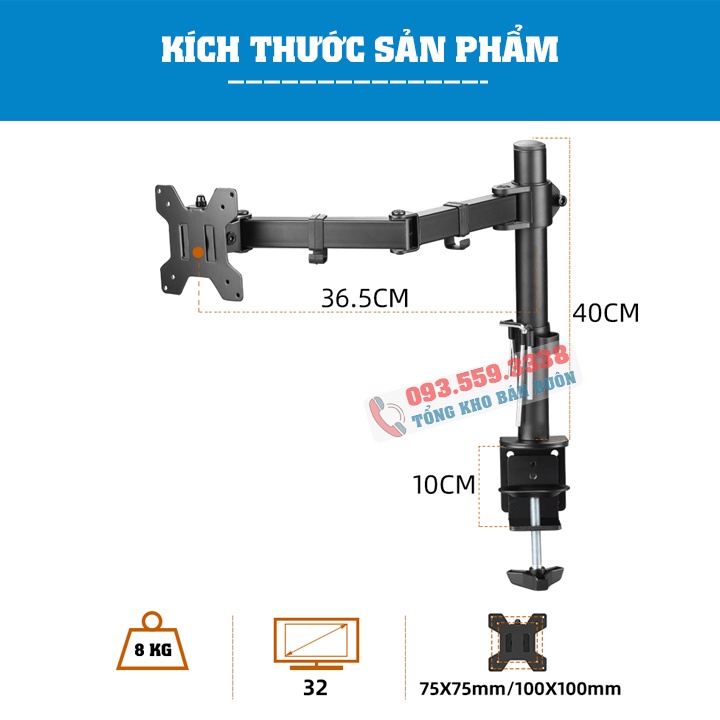 Giá Treo Màn Hình EZ1 / XL03 / HW701 Tay 20 tới 38 Cm / Kích Cỡ 17 - 27 - 32 Inch / Lắp Đặt Kẹp Bàn