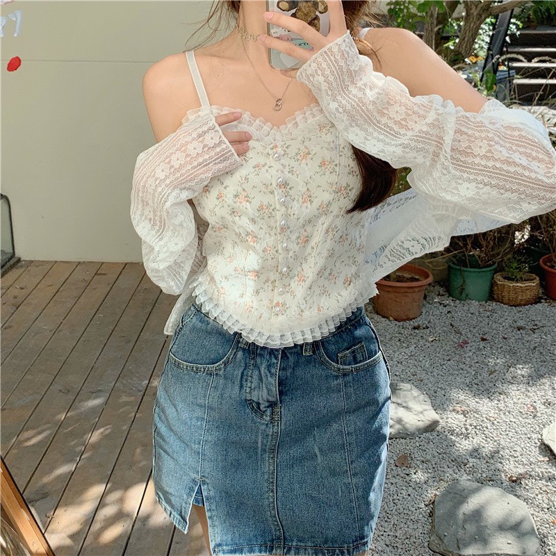 Áo 2 dây nữ phối ren kèm bra dáng ngắn crt 2 màu cá tính/ Áo croptop bánh bèo họa tiết hoa nhí vintage_xuongmaythuhien