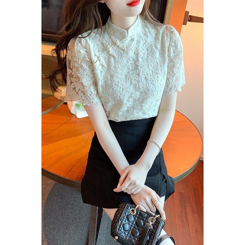 Áo Sơ Mi Ngắn Tay Thêu Ren Mới Mùa Hè 2022 Cho Nữ