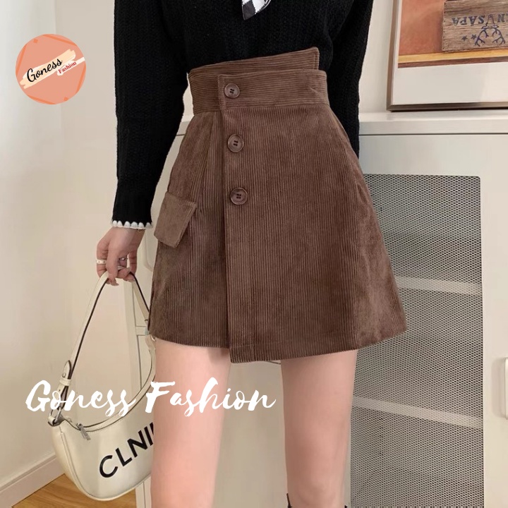 Chân váy ngắn Goness cạp cao vải nhung tăm vạt lệc phối 3 cúc siêu tôn dáng | BigBuy360 - bigbuy360.vn