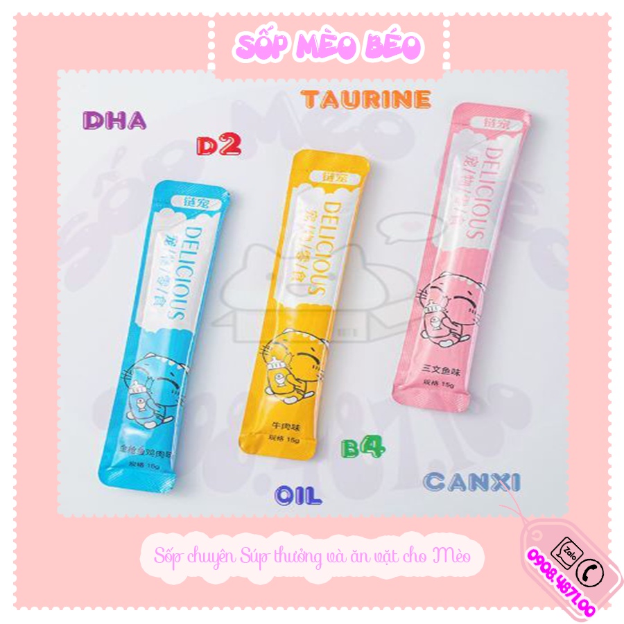 Tuýp súp thưởng cho mèo Delicious vị Bò,Cá ngừ mix gà,Cá hồi dạng lỏng gói lẻ cho Mèo con trên 3 tháng