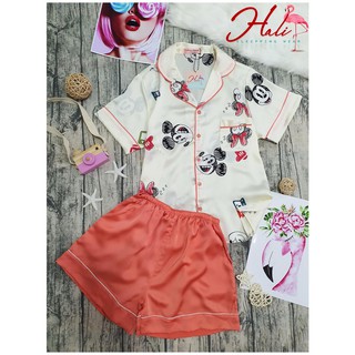 Đồ ngủ pijama lụa satin phối mickey