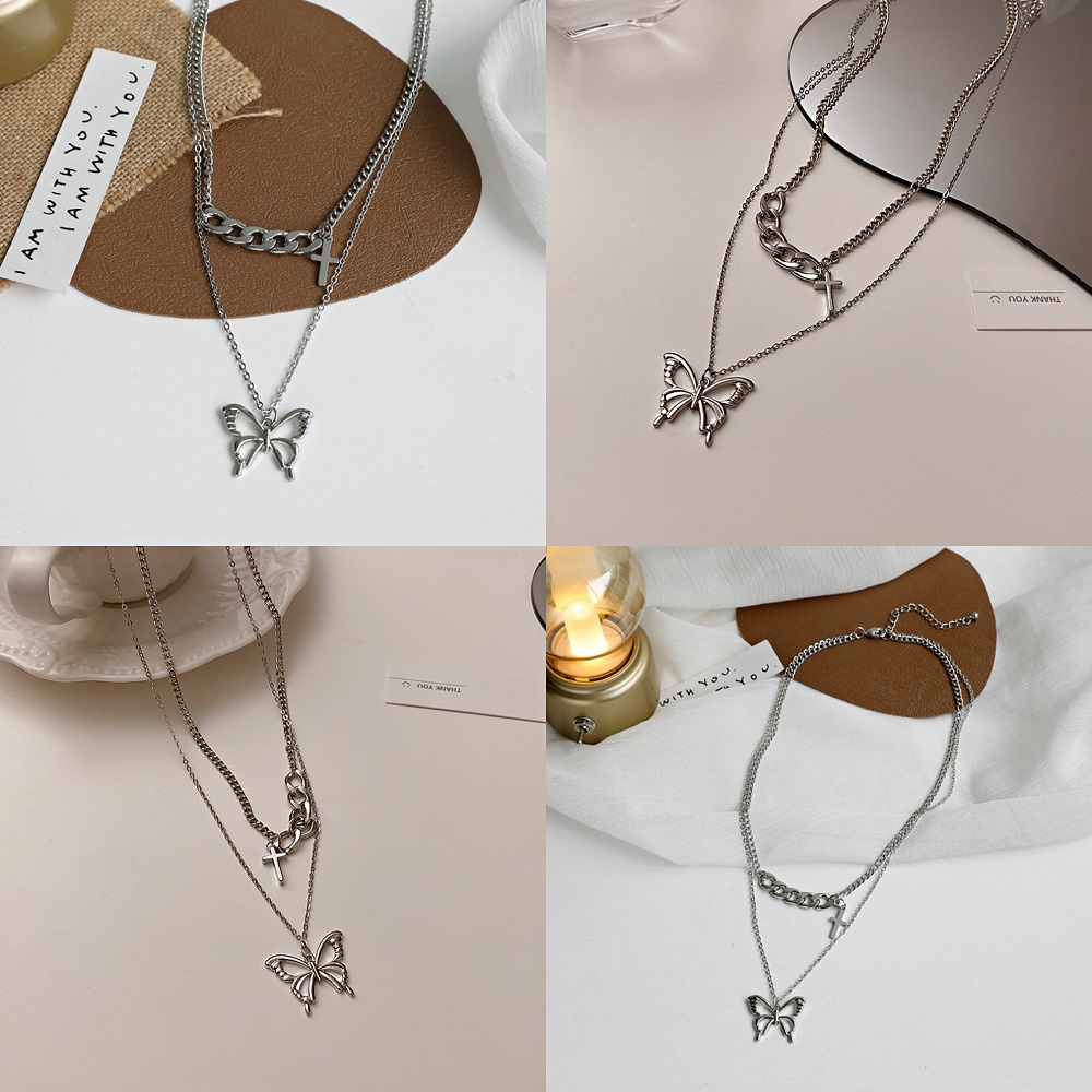 Vòng cổ choker mặt dây chuyền nhiều lớp hình bướm phong cách retro thanh lịch thời trang dành cho nữ