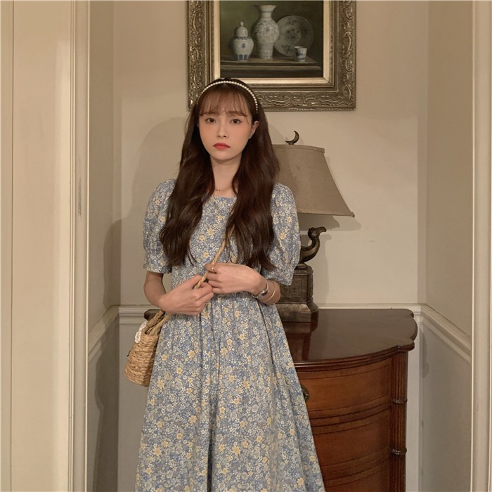 Đầm babydoll hoa nhí có dây buộc eo tay phồng ulzzang - V14FG BROWN