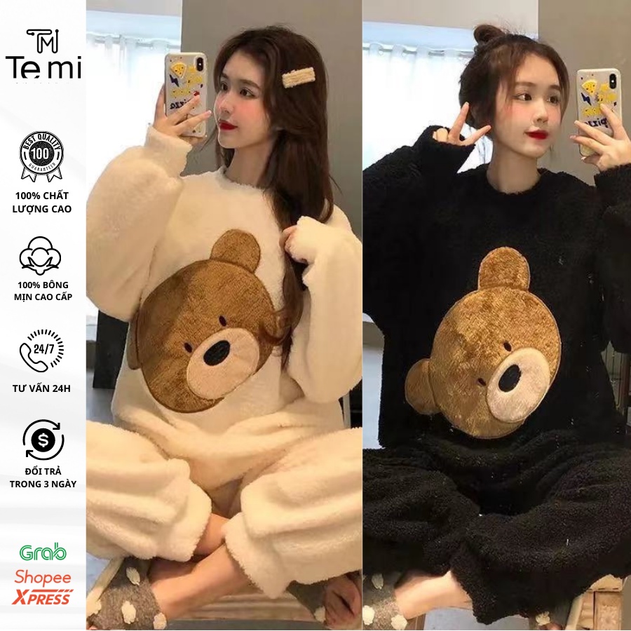 Bộ ngủ bông dài tay hình gấu TEMI đồ ngủ nữ, chất lông mềm mịn, dày dặn, gấu cute, thêu, dệt hoạ tiết, hàng quảng châu