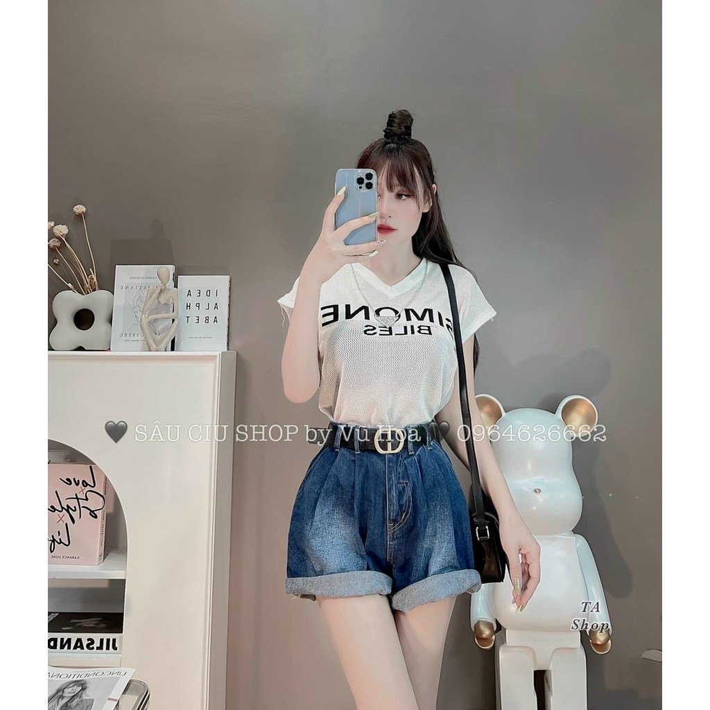 Áo len lưới Simone cổ tim tay hến kèm dây xích hot