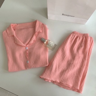 Set pijama quần đùi muslin viền bèo đơn giản màu pastel