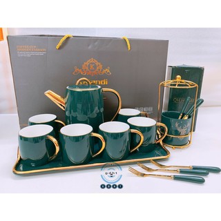 Bộ bình cốc sứ kèm khay cao cấp xanh đậm