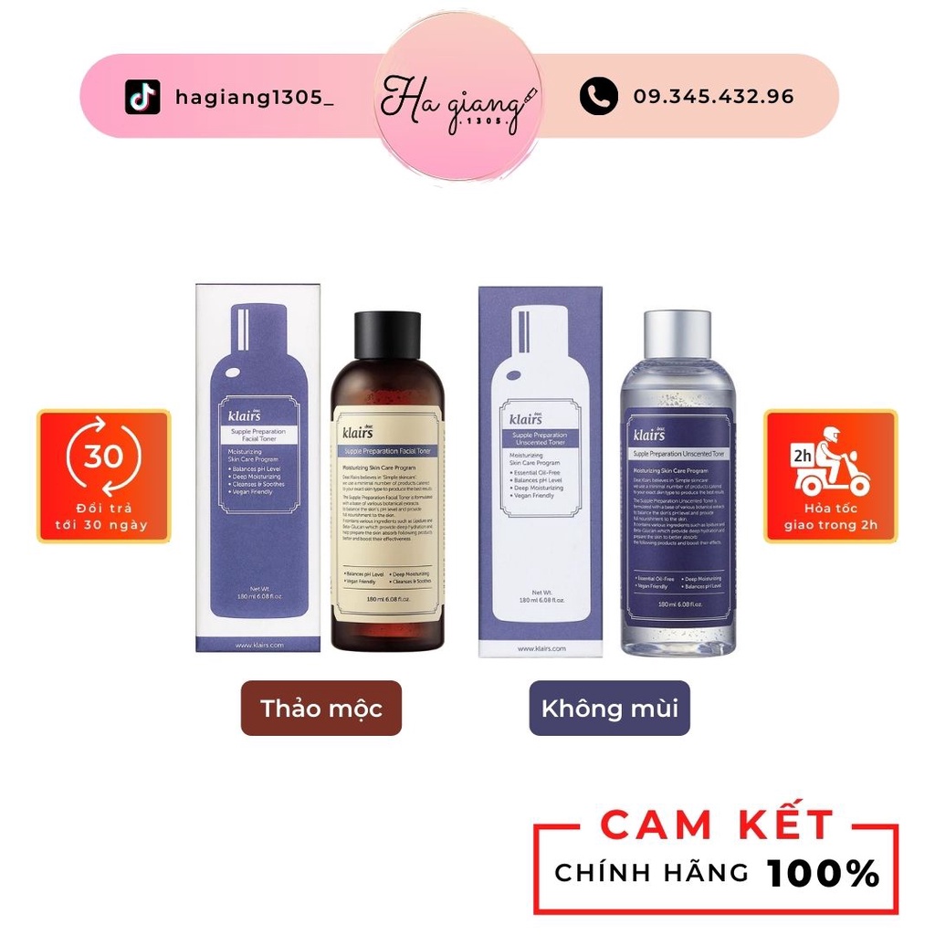 Nước Hoa Hồng Klairs Supple Preparation Facial Toner không mùi (chai tím), có mùi ( chai vàng)