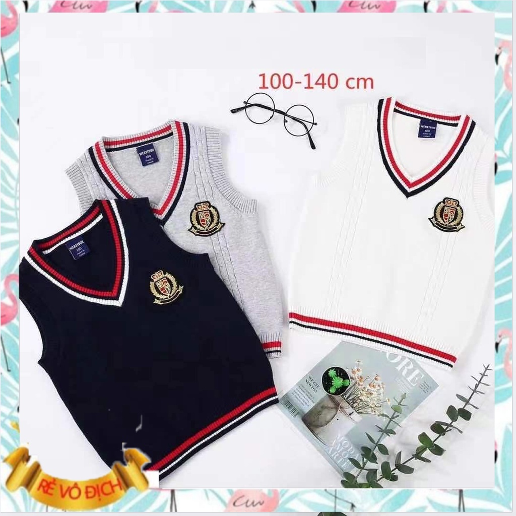 Áo len gile bé trai cổ tim viền kẻ 3-8 tuổi thêu logo ngựa. Áo ghi lê len cho bé phong cách Hàn Quốc sợi không bai xù