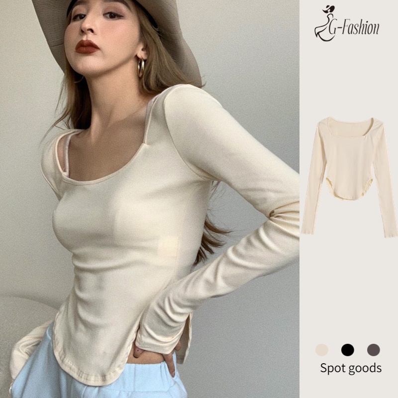 Áo Thun Tay Dài Cổ Chữ U Dáng Ôm Đơn Giản Hàn Quốc Mùa Thu 2022 Cho Nữ