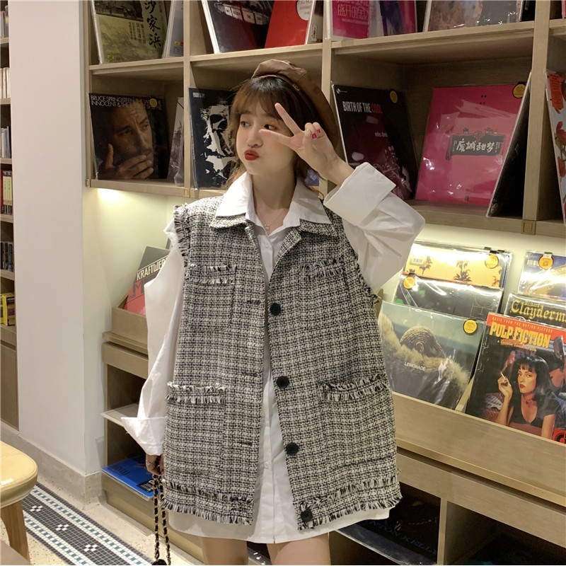 Áo vest, áo gile kẻ mix sơ mi Ulzang