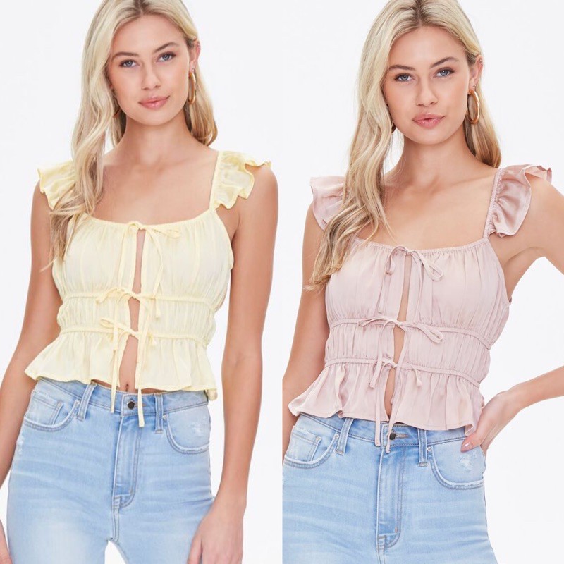 ÁO CROPTOP SATIN CỘT NƠ TAY CÁNH TIÊN F21 (CÓ BIG SIZE)