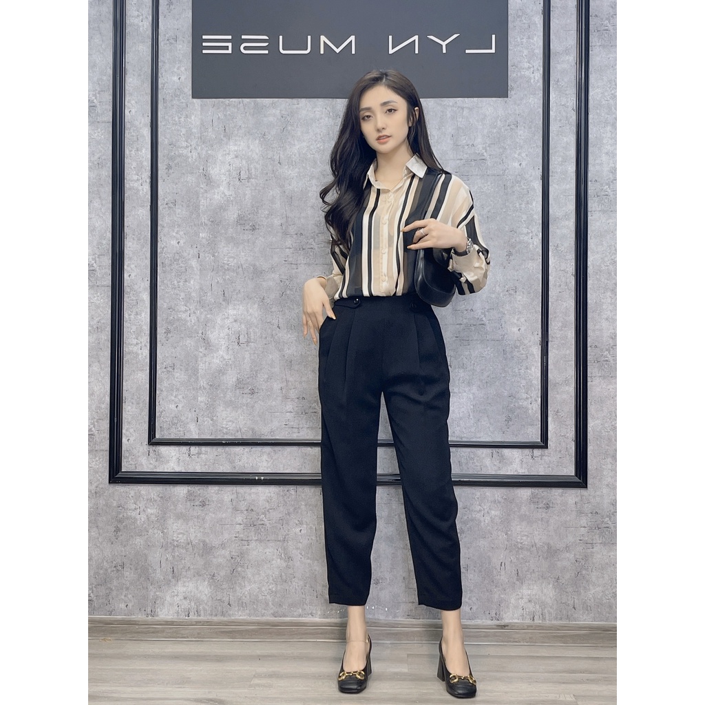 Áo Sơ Mi lụa kẻ sọc đen - be