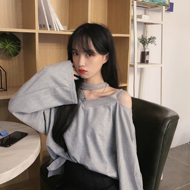 IELGY Áo Thun Tay Dài Hở Vai Cổ Chữ V Màu Sắc Trơn Phong Cách Hàn Quốc Dành Cho Nữ