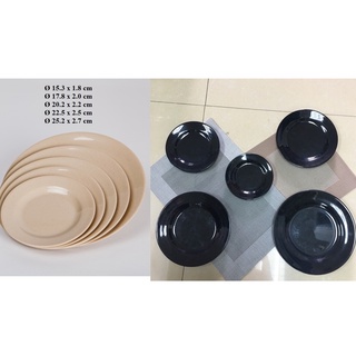 Dĩa tròn cạn nhựa Melamine màu đen,nâu nhiều Size