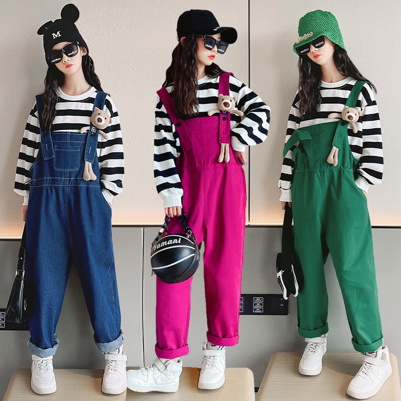 Bộ Áo Thun Kẻ Sọc + Quần Yếm Thời Trang Xuân Thu Cho Bé Gái 5-6 Tuổi 7-8 Tuổi 9-10 Tuổi 11-12 Tuổi 13-14 Tuổi