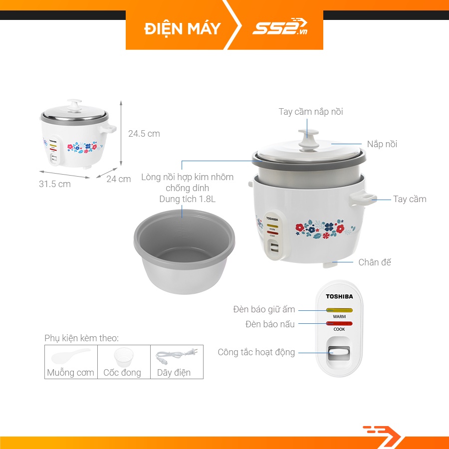 Nồi Cơm Điện Toshiba RC-18MH2PV - Bảo Hành Chính Hãng