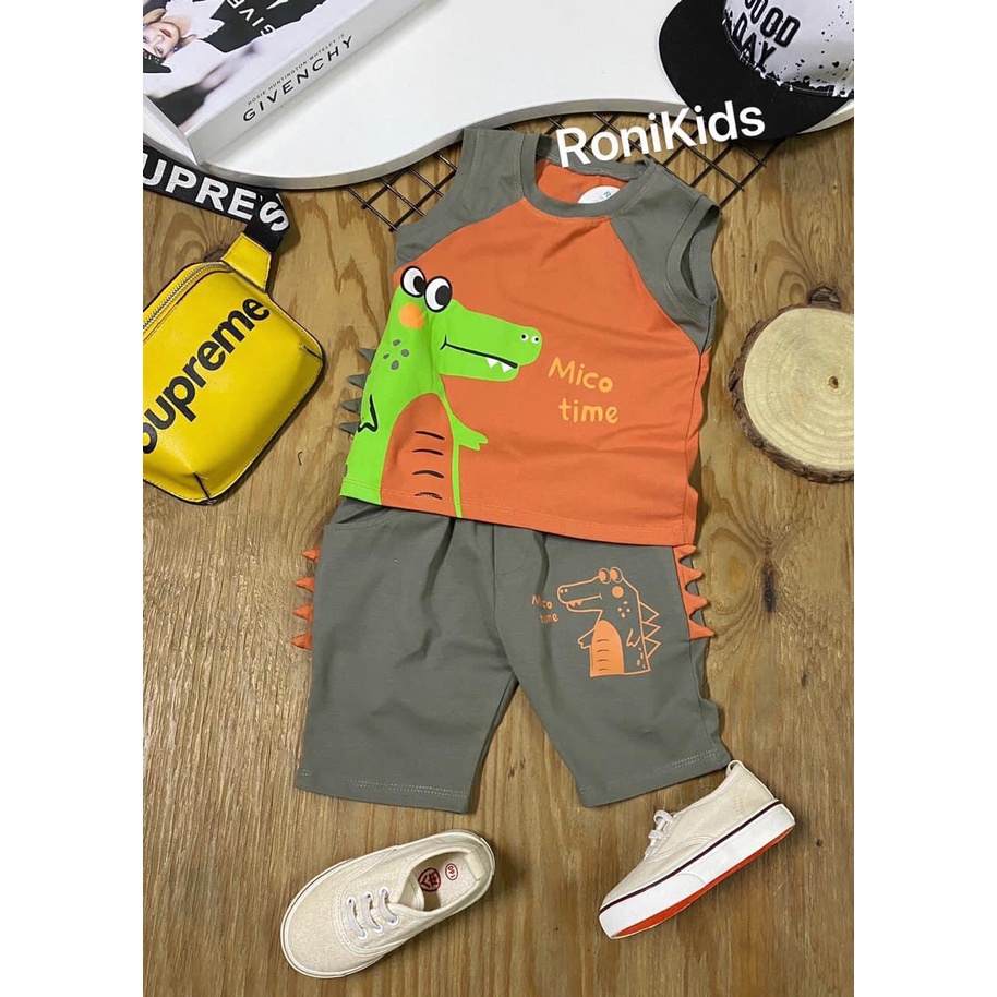Đồ bộ thun Ronikids hình khủng long cho bé trai size 9 - 25kg Chất cotton co giãn 4 chiều