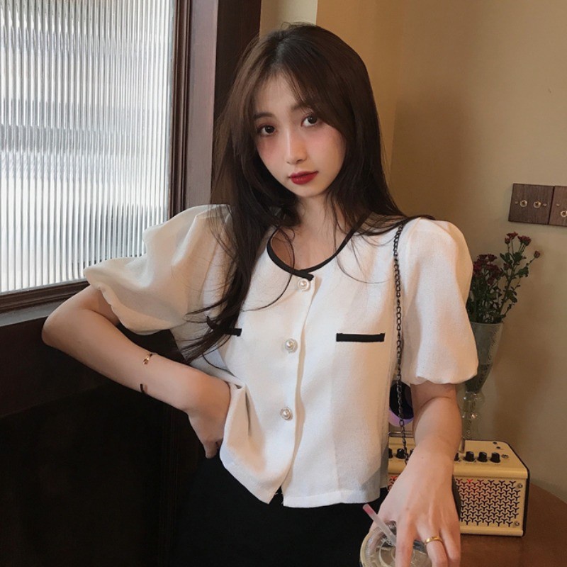 Áo sơ mi trắng cổ tròn tay phồng thời trang mùa hè cho nữ