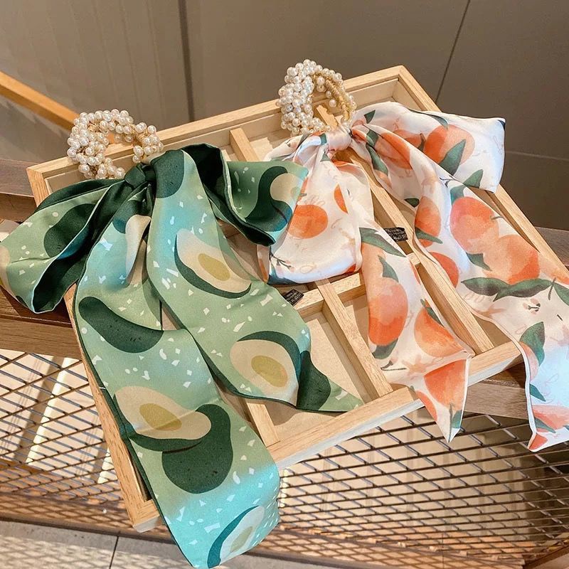 Dây Cột Tóc Ruy Băng Đính Ngọc Trai Hình Trái Cây Phong Cách Hàn Quốc Cho Nữ