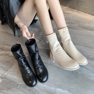 Boot nhăn da mềm khoá viền đinh đế thấp 2cm