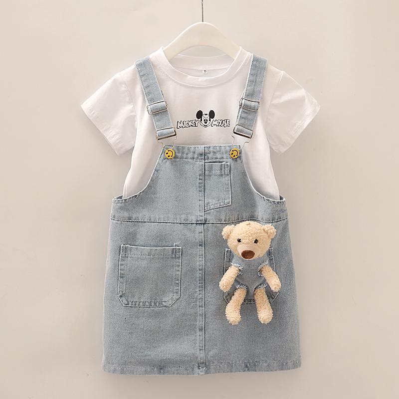 Set Áo Thun Ngắn Tay + Váy Yếm Denim Thời Trang Mùa Hè Hàn Quốc 2022 Mới Cho Bé Gái