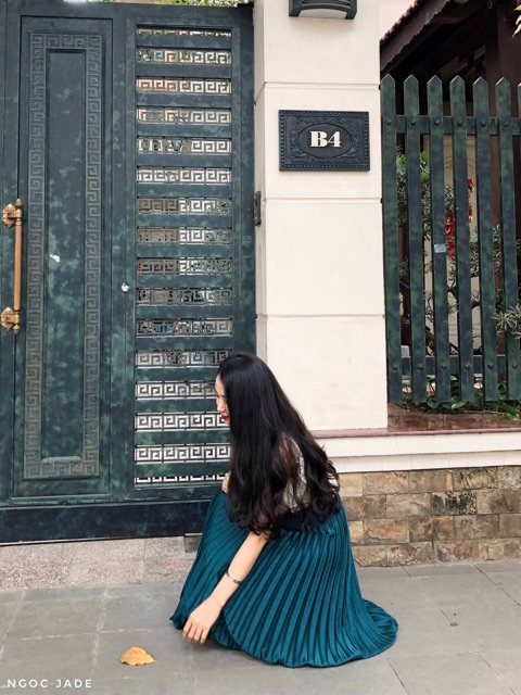 Chân váy xếp ly màu xanh midi Zara mẫu 2019(Pleated Skirt)