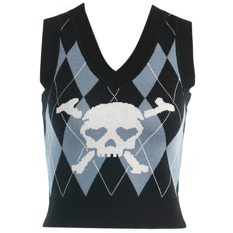 Áo croptop dệt kim không tay họa tiết kẻ sọc đầu lâu phong cách Gothic punk cho nữ