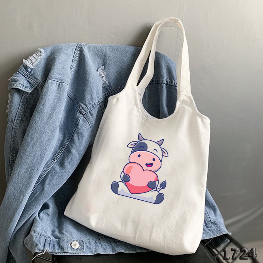 TÚI TOTE TRẮNG CHẤT VẢI CANVAS 1024 487 BÒ SỮA TRÁI TIM DỄ THƯƠNG HÀNG CHUẨN ĐẸP